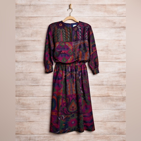 Diane Dickmon Dresses & Skirts - Vintage Diane Dickmon for Gentillesse Wool Silk Dress Size 6 Boho Patchwork Midi
